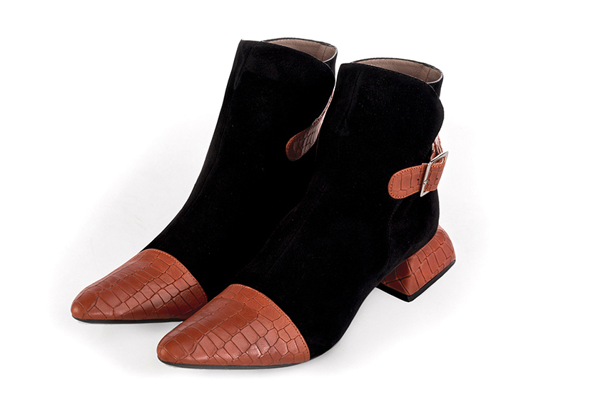Women's terracotta orange and matt black elegant ankle boots, with buckles at the back. Tapered toe. Low flare heels - Front view